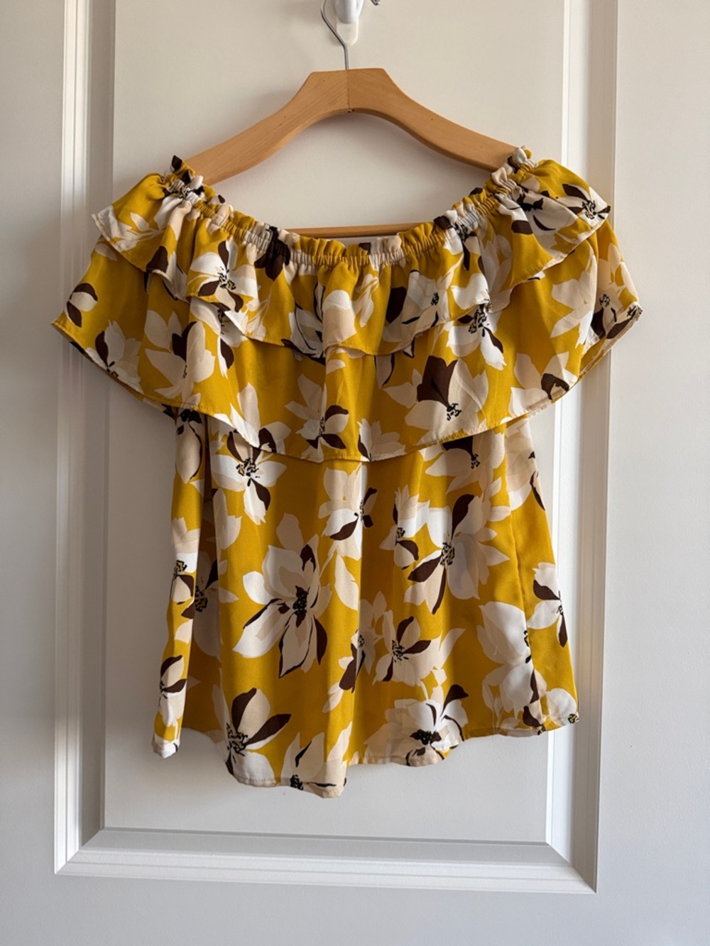 Ann Taylor Mustard Yellow Floral Off-Shoulder Ruffle Top